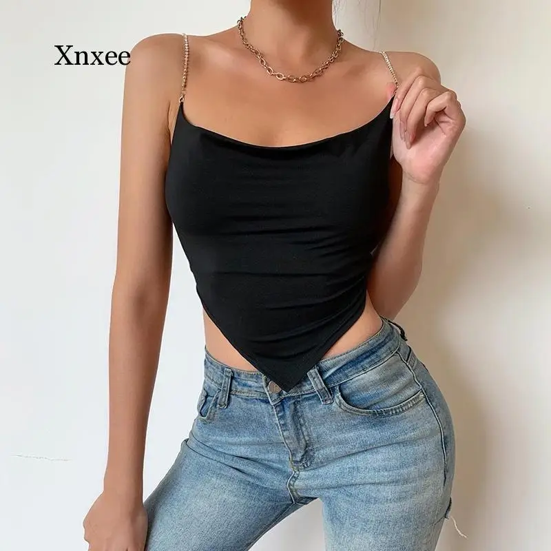 Cute Irregular Bandana Crop Tube Top Women Backless Tank Spaghetti Strap Rhinestone Inverted Triangle Sexy Black Hem Basic Tees