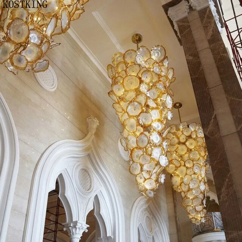 Luxury Golden Chandelier Hand Blown Glass Art Lighting Fixture Flower Murano Hanging Plates Chandelier Hallway Lightings