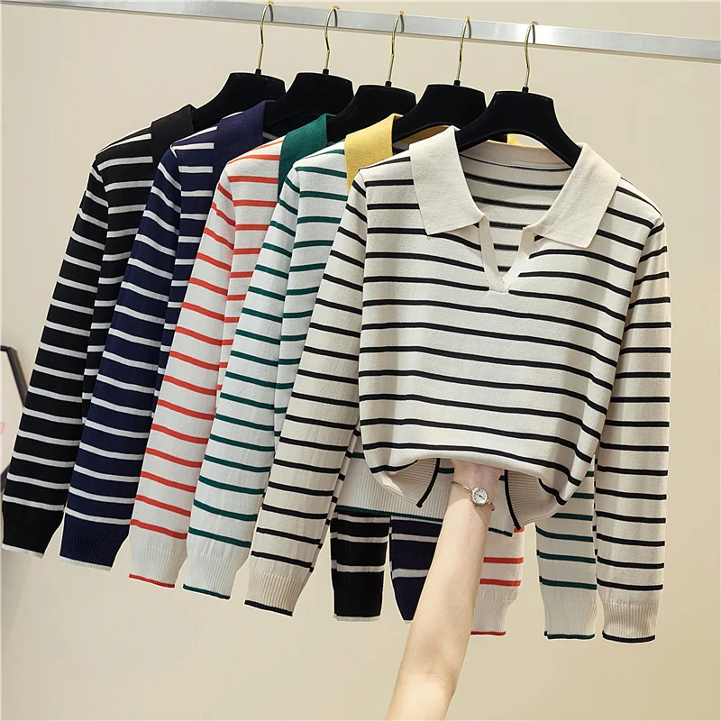 Striped v-neck pullover polo sweater women\'s early autumn all-match tops long-sleeved knitted bottoming sweaters jumpers