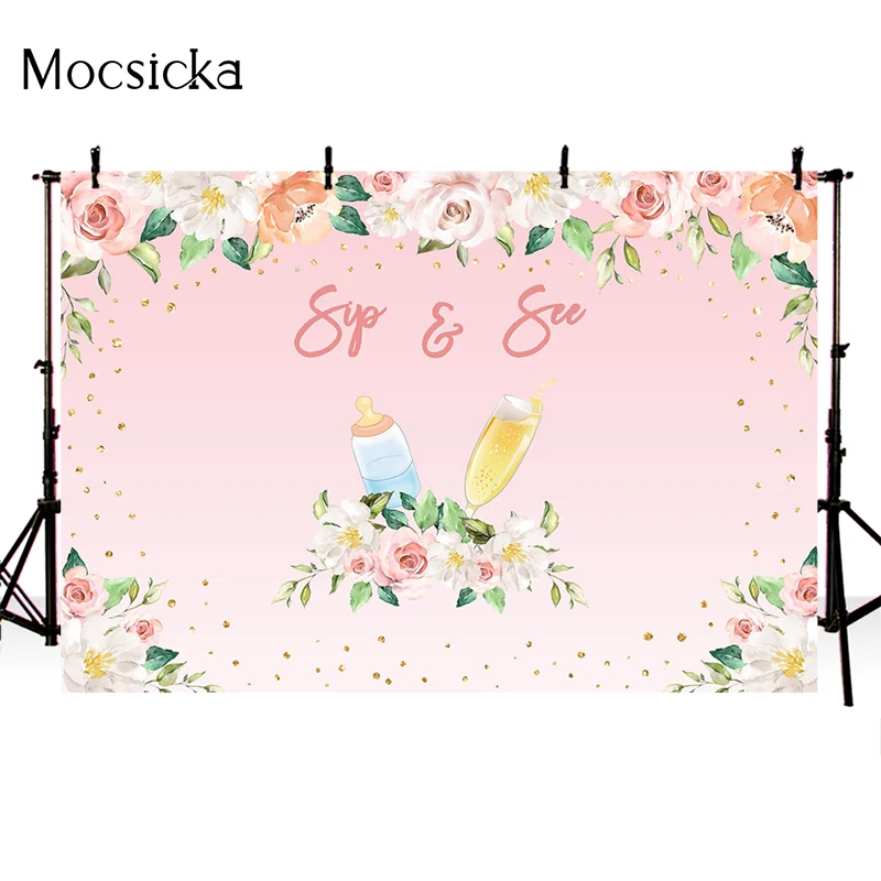 Mocsicka Baby Shower Photography Background Baby Bottle Champagne Flower Decoration Props Child Portrait Photo Backdrop Banner