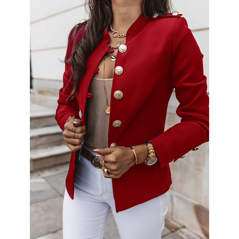 Vintage Blazer Women Office Jacket Streetwear Autumn Button Solid Color Elegant Long Sleeved Slim Breasted Small Blazer Outwear