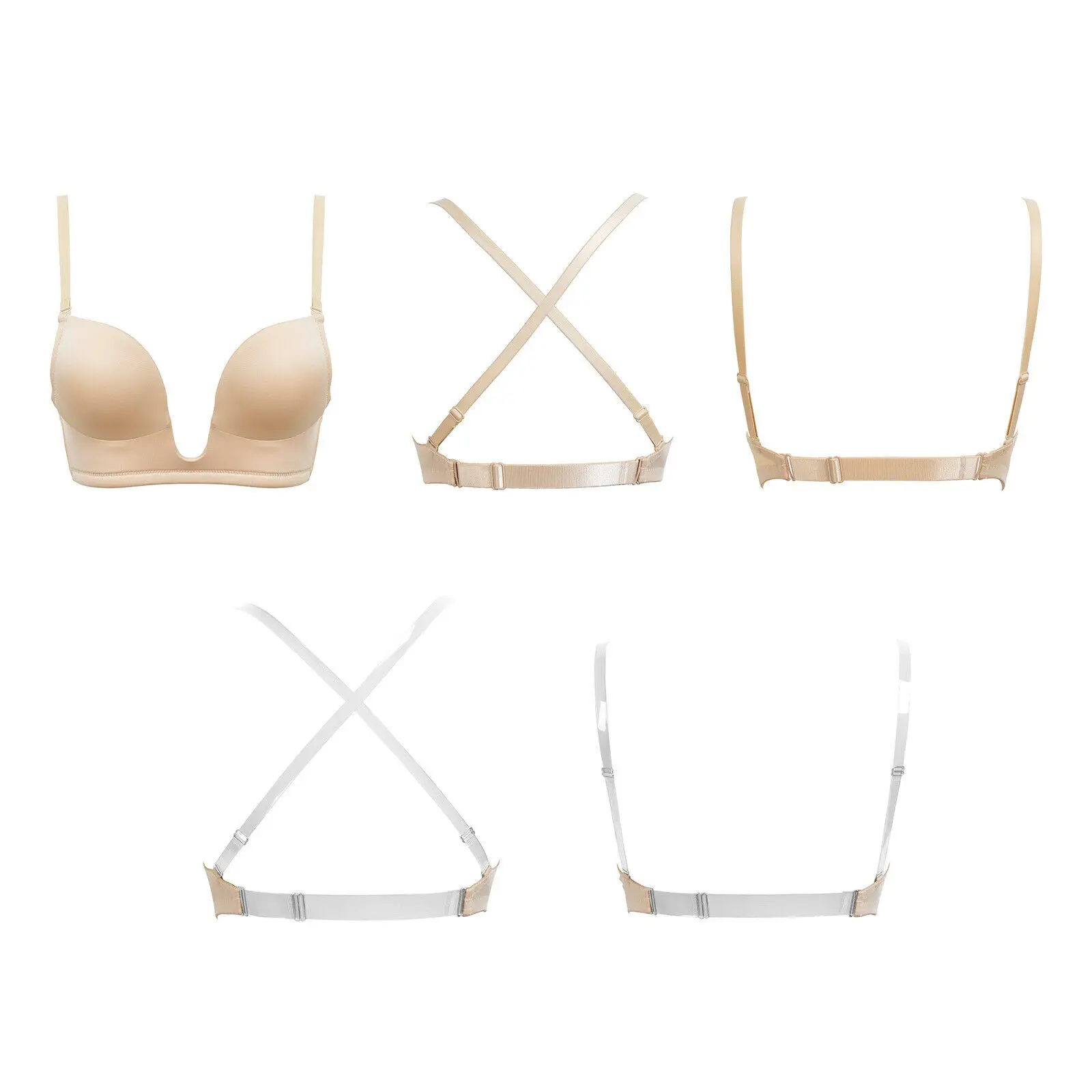 New Women Sexy Bras Deep V Plunge Push Up Padded Underwire Cross Backless Invisible Silicone Adjusted Bra