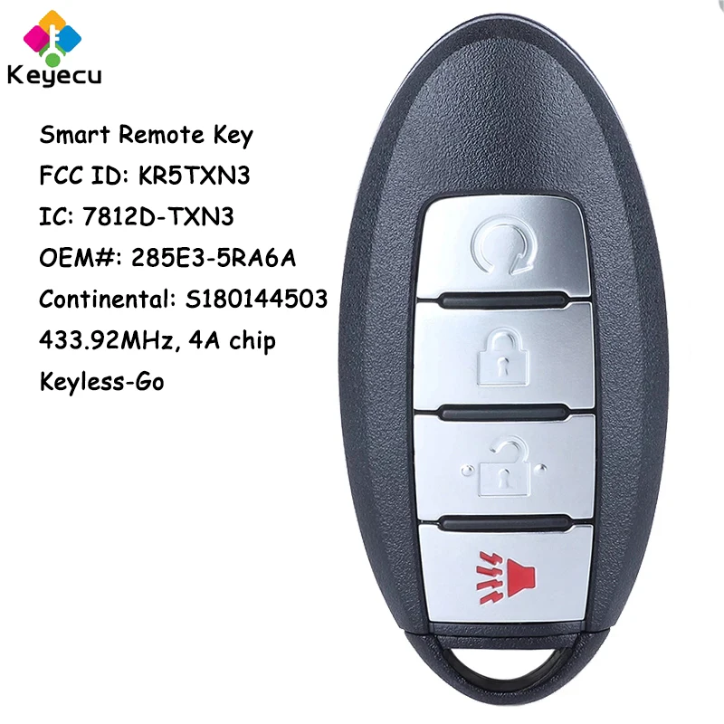 KEYECU Keyless-Go Smart Remote Control Car Key With 4 Buttons for Nissan Kicks Rogue 2018 2019 2020 2021 Fob S180144503 KR5TXN3