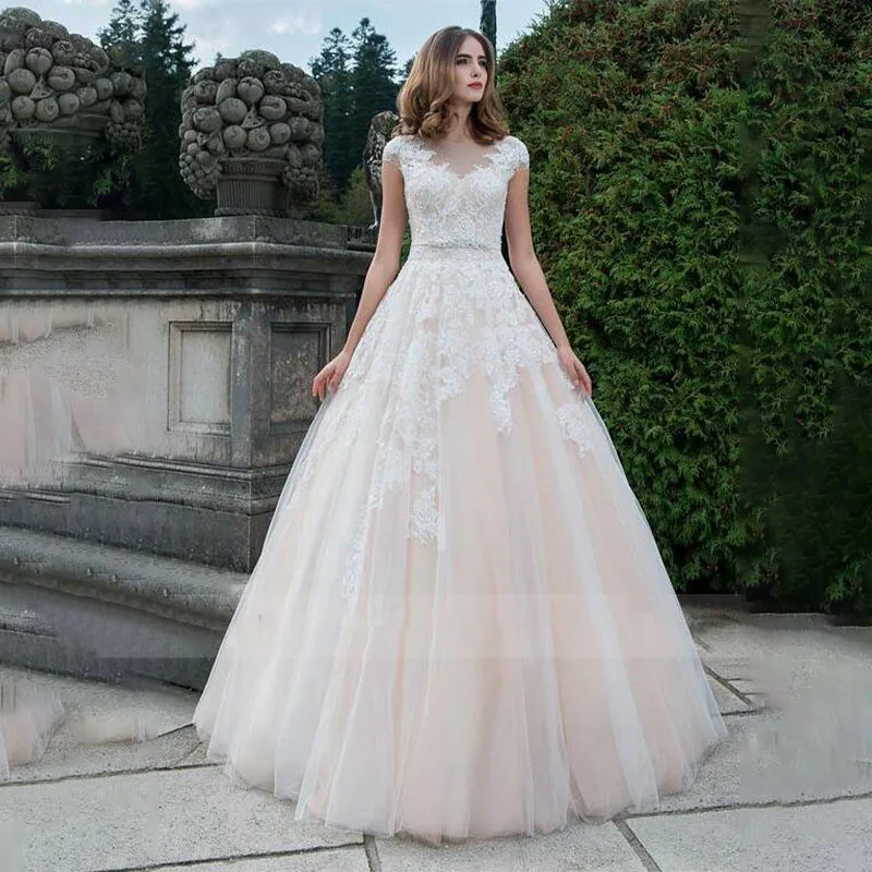 

Tulle O-neck Neckline Cap Sleeves A-line Wedding Dress with Lace Applique Crystal Belt Button Back Sweep Train Bridal