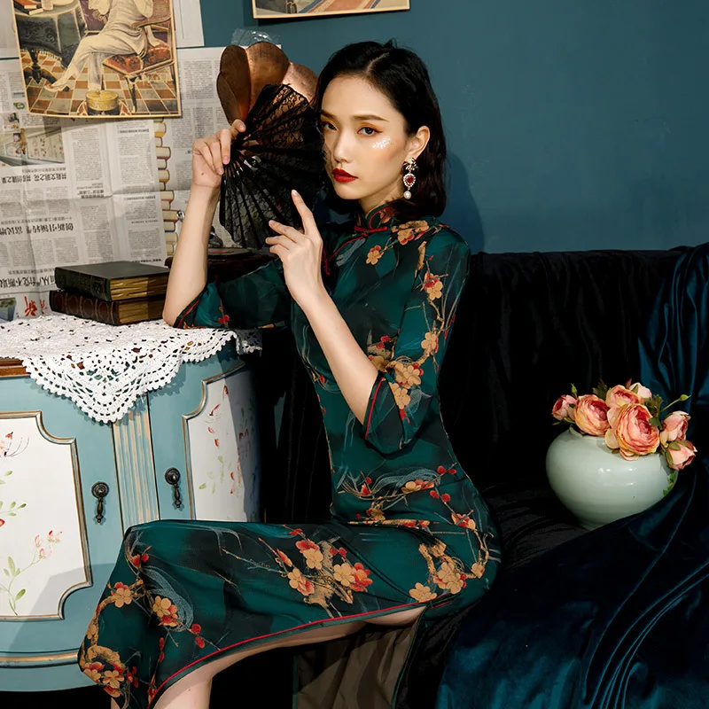 Vestido tradicional chino para mujer, de color verde traje elegante, Cheongsam largo con estampado Qipao, talla 4XL, novedad de primavera