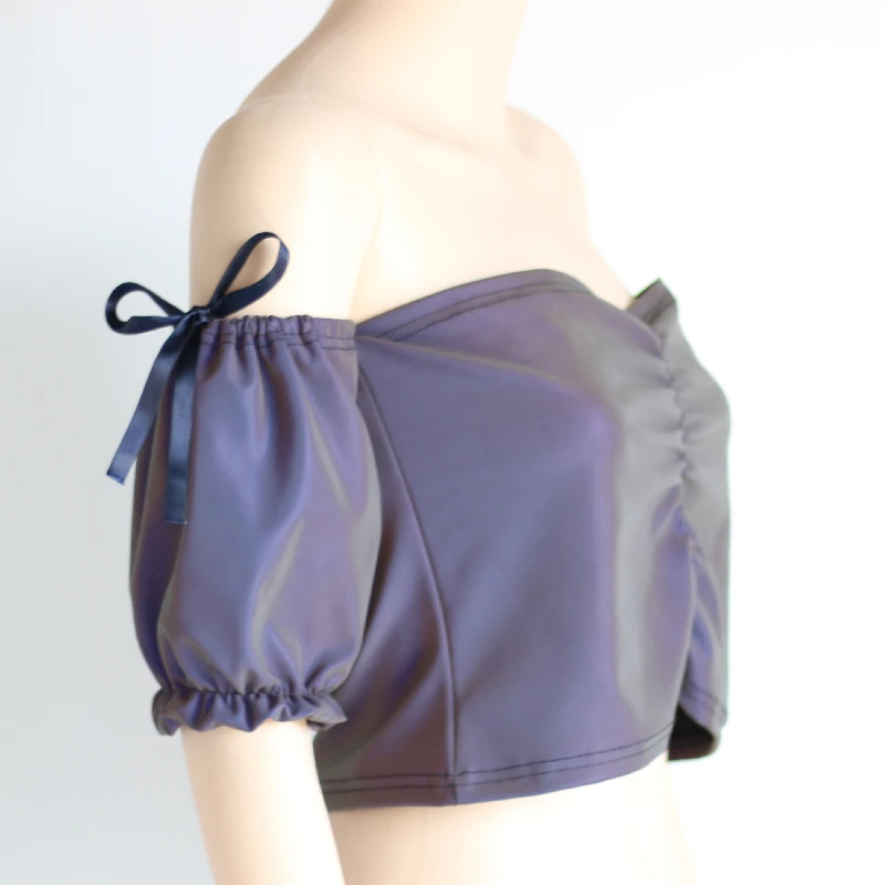 Colorido holográfico reflexivo dançarino topos feminino lanterna manga arco nó envolto peito colete festa palco pólo dança wear roupas