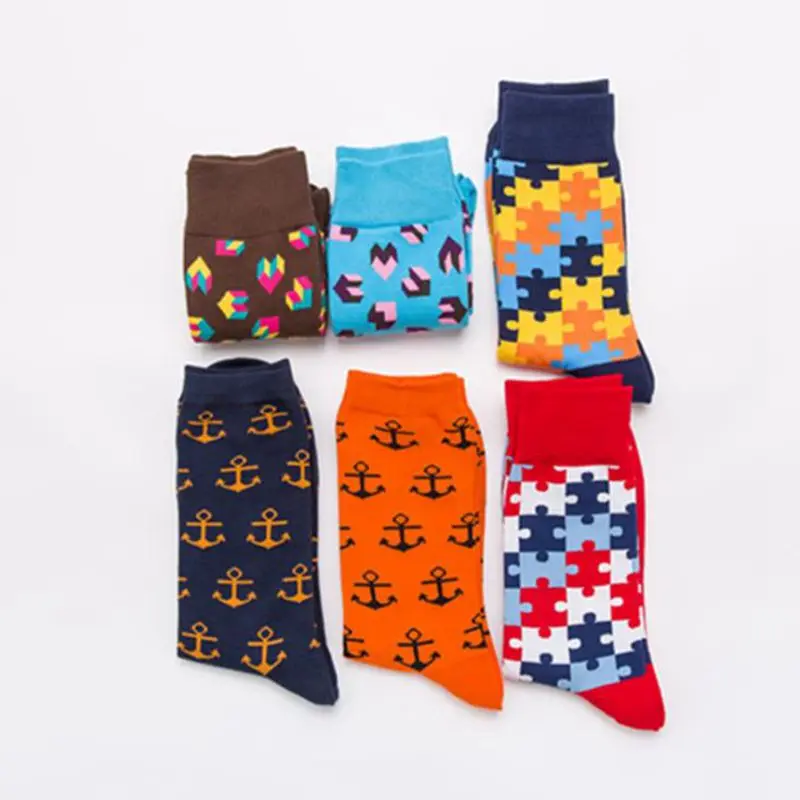 Fashion Color Men\'s socks Classic Lovely Geometric Puzzle Happy Sailing Anchor Pattern Unisex Suitable AutumnLovers Cotton Socks