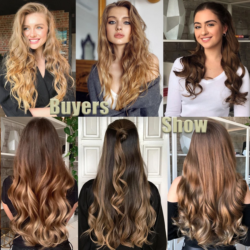 NICESY 16 pinzas, extensión de cabello sintético rizado de 24 pulgadas, postizo resistente al calor, con pinzas, en ombre negro, marrón y rubio para mujer 6