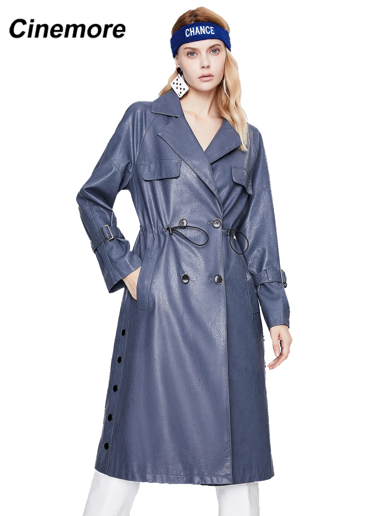 Cinemore 2021 nova jaqueta feminina de couro falso trench coat longo alta qualidade outono inverno roupas femininas jaqueta solta P2106-1