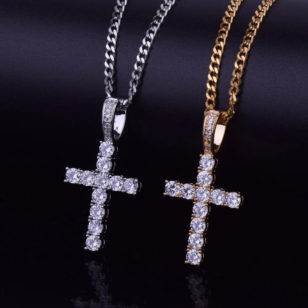 

Wolf Tide White Gold Cross Pendant with 4mm Tennis Chain Necklace Hiphop CZ Stone Cubic Zircon Kalung Jewelry Gift for Men Women