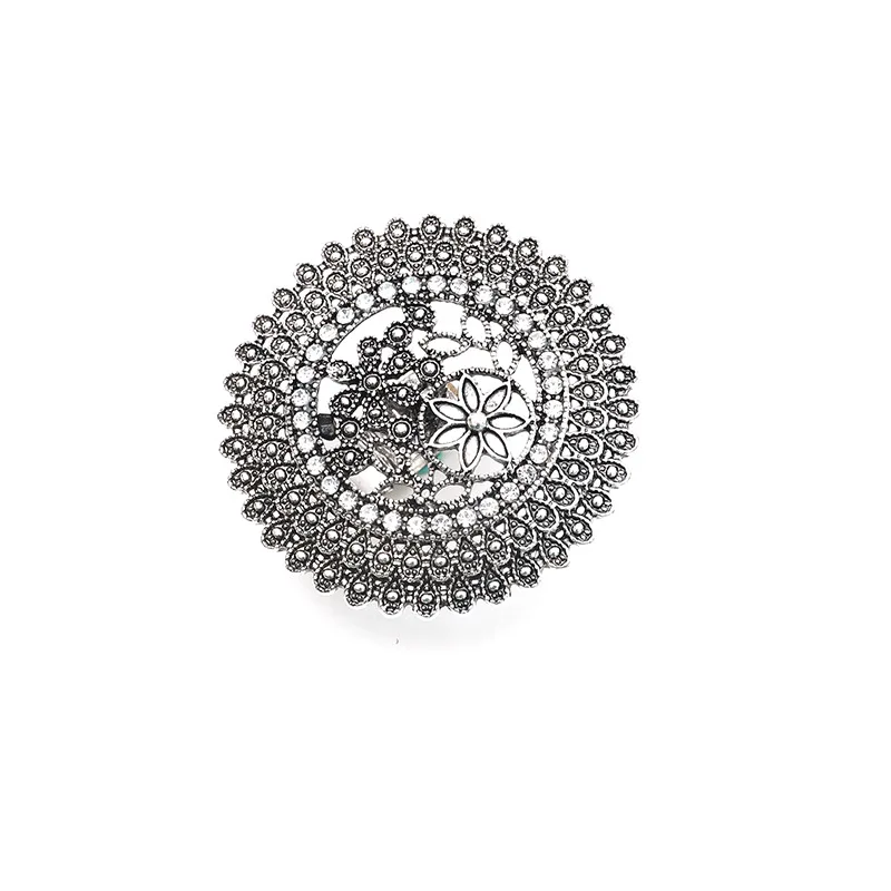 Indian Big Oxidized Silver Color Metal Rings for Women Boho Carved Flower Rhinestone Wedding Finger Ring Afghan Party Jewelry