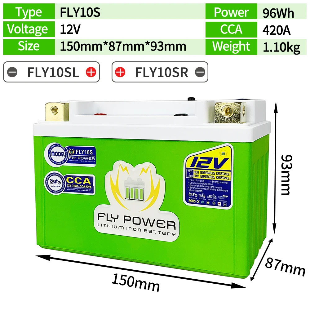 FLYPOWER 12V FLY10S LiFePO4 Motorcycle Start Battery 96Wh CCA 420A  Lithium iron Scooter Batteries Replace YTZ10S YTZ10S-BS