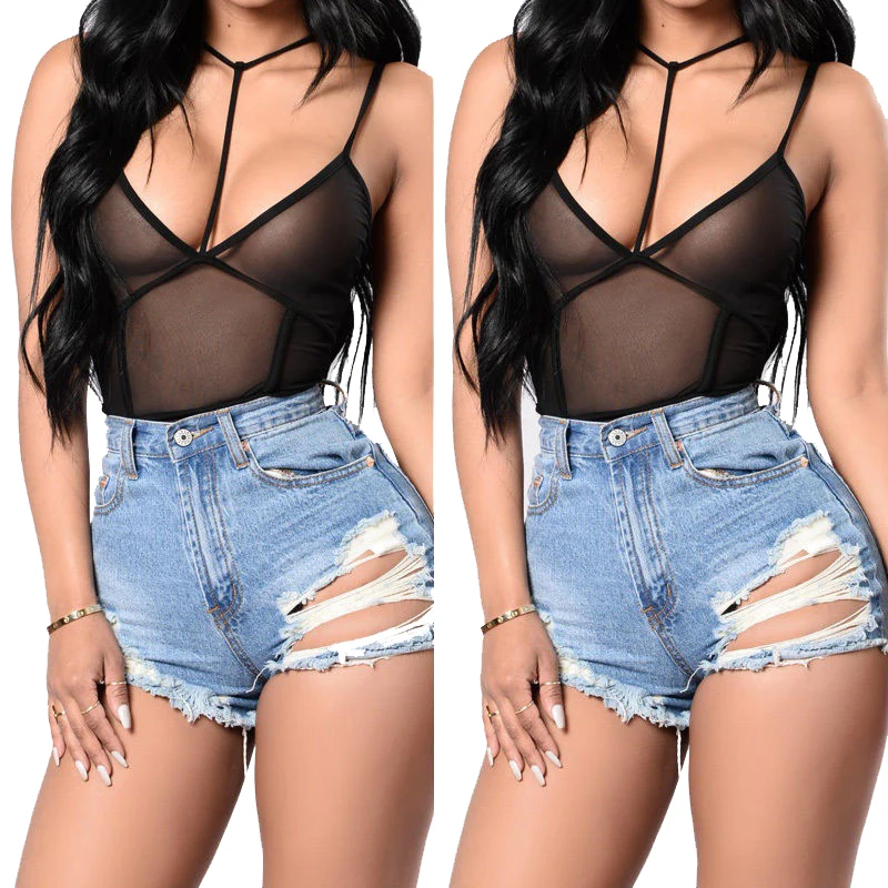 Deep V Neck Mesh Bodysuit Women Fashion Black Sexy Jumpsuit  Ladies Body Female Mesh Bodysuit