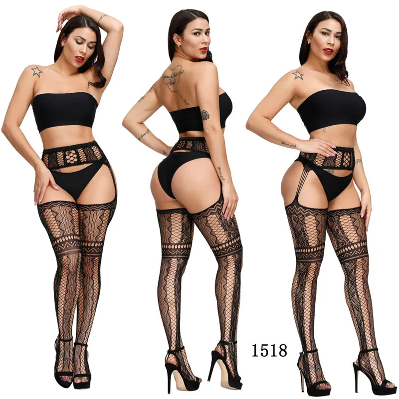 حجم كبير 4XL شبكة صيد السمك تخزين مثير المرأة ضيق مفتوح المنشعب عالية الخصر الملابس الداخلية الرباط جوارب طويلة شبكية Crotchless شبكة ضيق