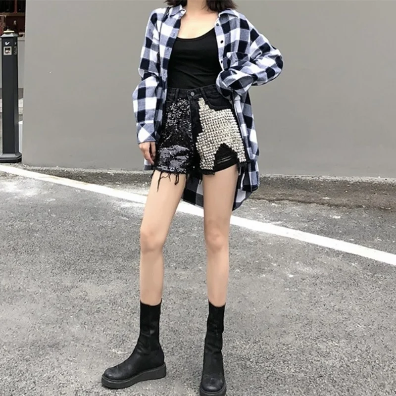 High New Street Womens Rivet Denim Shorts Rock Hip Hop Sequins Fashion Casual Ripped Short Jeans High Waist Black Female