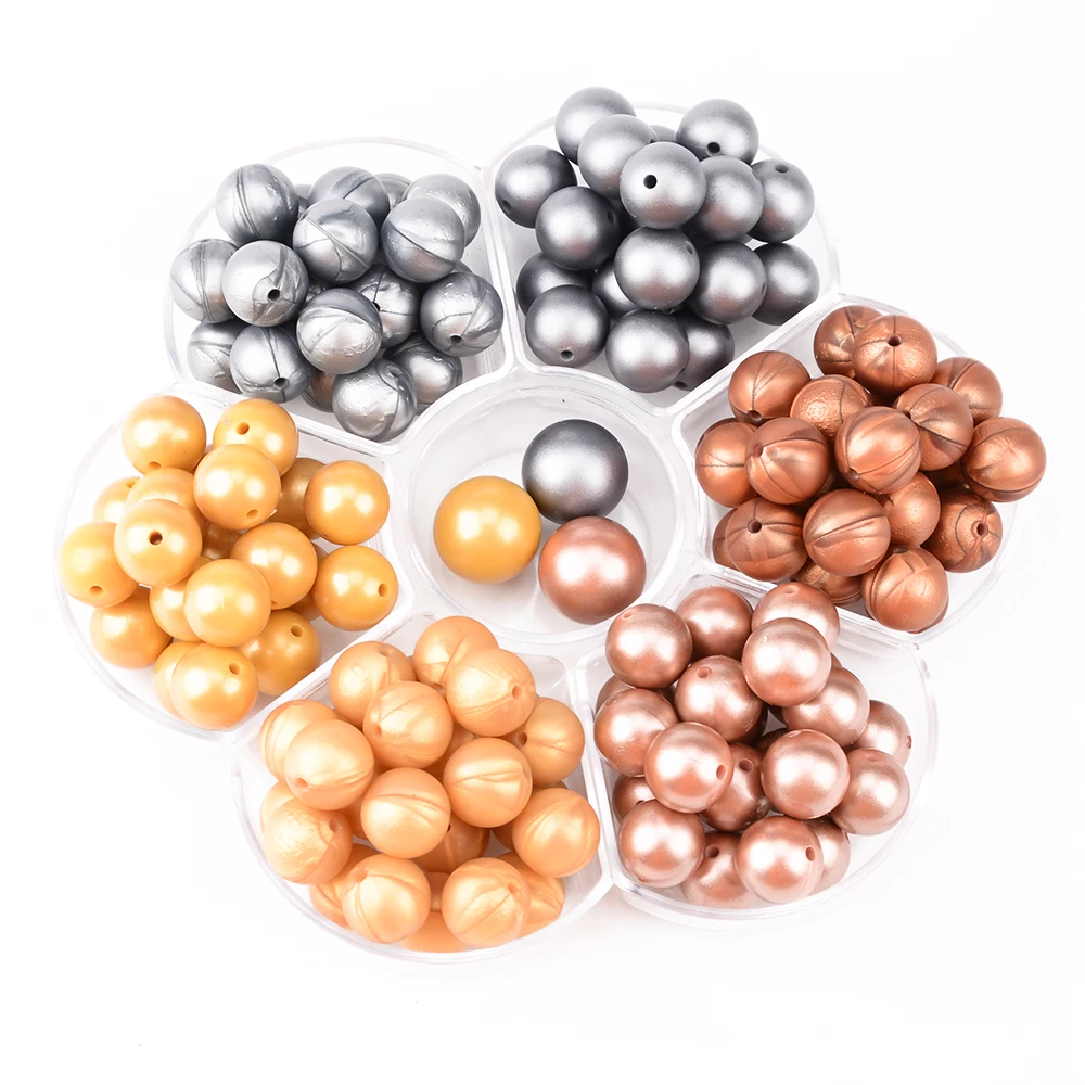 LOFCA 20pcs Metallic Golden Print Silicone Beads 19mm Food Grade Silicone 12mm Sliver Pearl Teether Beads DIY Teething Nursing