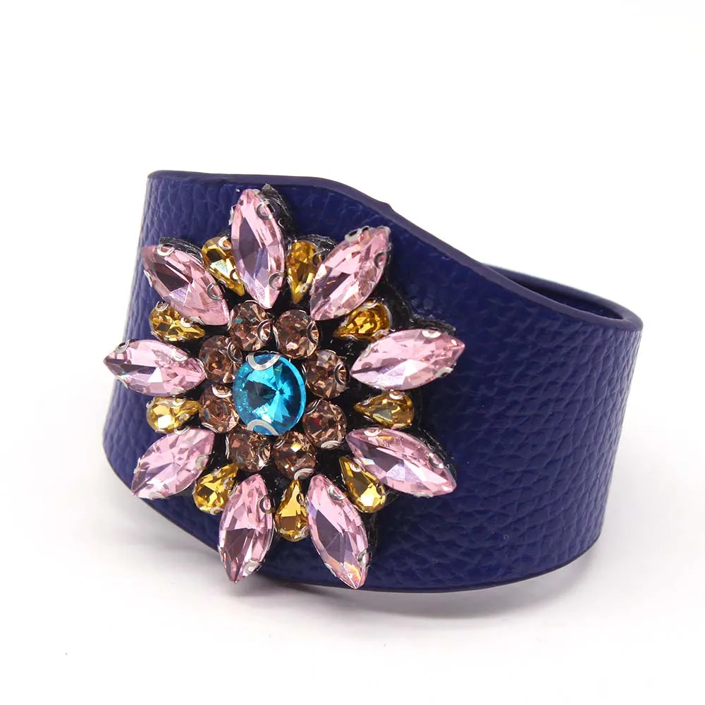 European Fashion Punk Wide Crystal Flowers Leather Bracelets for Women Charm Cuff Bracelet Statement Jewelry