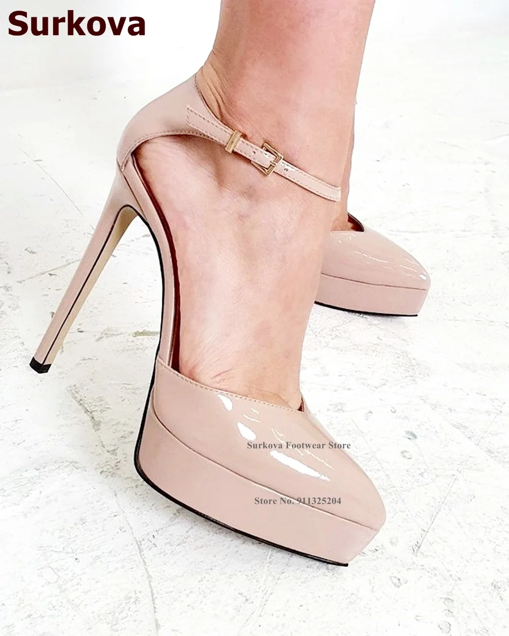 

Surkova Nude Mirror Leather Stiletto Heel Dress Shoes V-cut Platform Pointed Toe Gladiator Pumps Ankle Buckle Strap Footwear