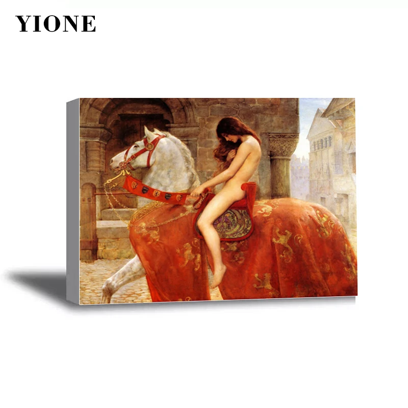 Lady Godiva Oil Painting Classic Art Portrait Nude Woman Horse Retro Building House Canvas Prints Poster Wall Picture for Living