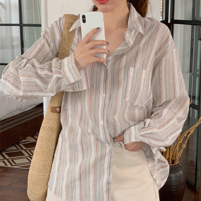 BL3532 New 2023 Fashionable Oversized Single Breasted Shirts Striped Vintage Minimalist Summer Autumn Women\'s Blouses Wild Tops