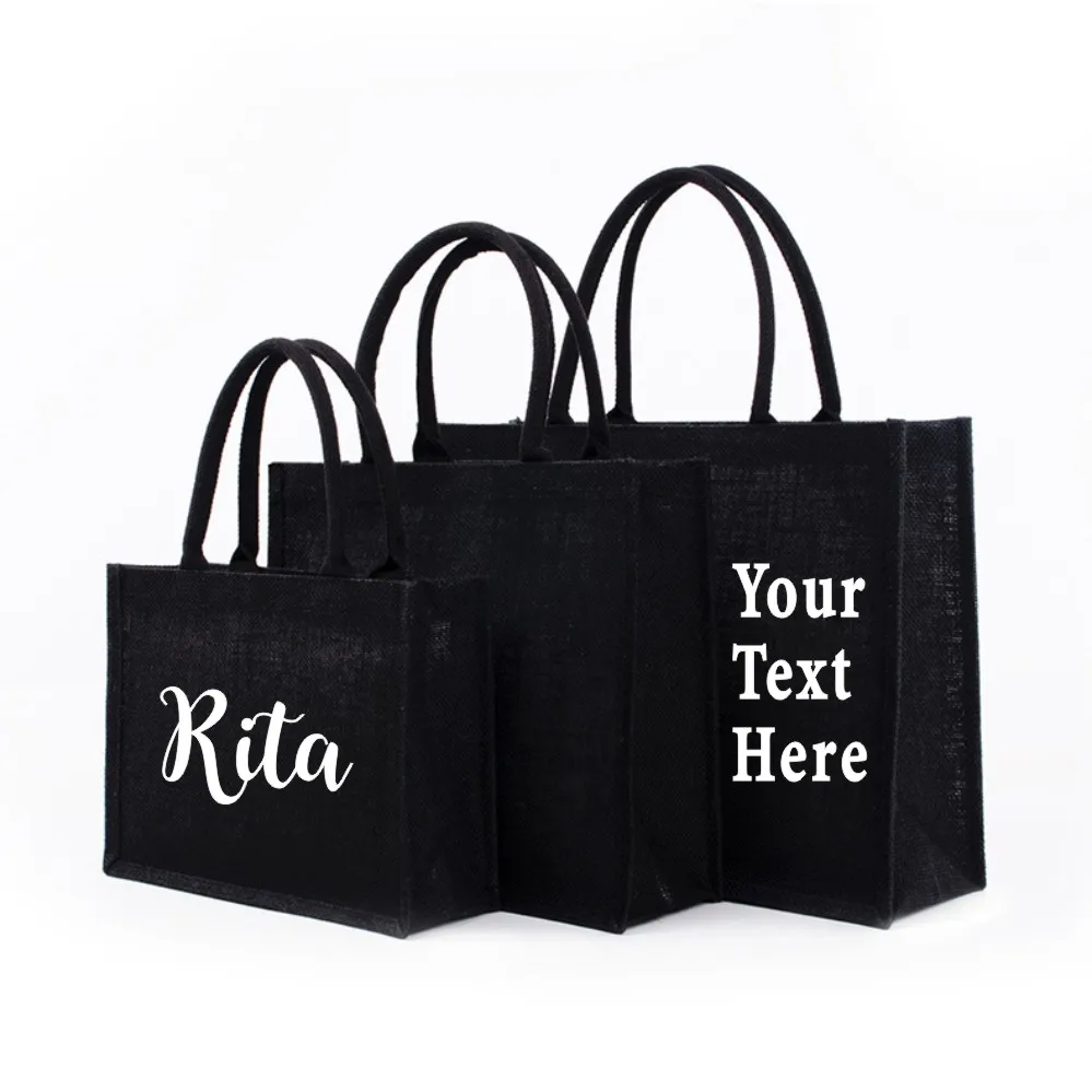 Black Reusable Jute Tote Bag Eco Friendly Burlap Grocery Bags for Shopping Beach Wedding Bag Bridesmaid Custom Jute Tote Bag