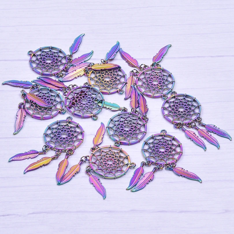 10Pcs Rainbow Alloy Charms Lucky Dreamcatcher Pendants Accessories For Jewelry Crafts DIY Necklace Earrings Bulk Item Wholesale