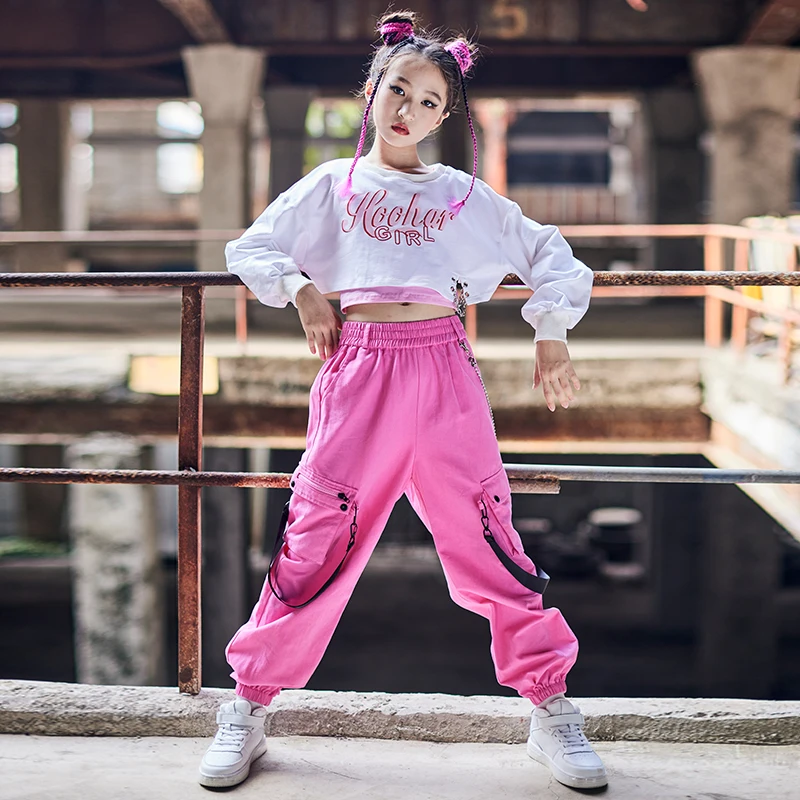 Modern Jazz Dance Clothes Girls White Long Sleeves Tops Loose Pink Pants Hip Hop Kids Street Dance Practice Show Costume BL7338