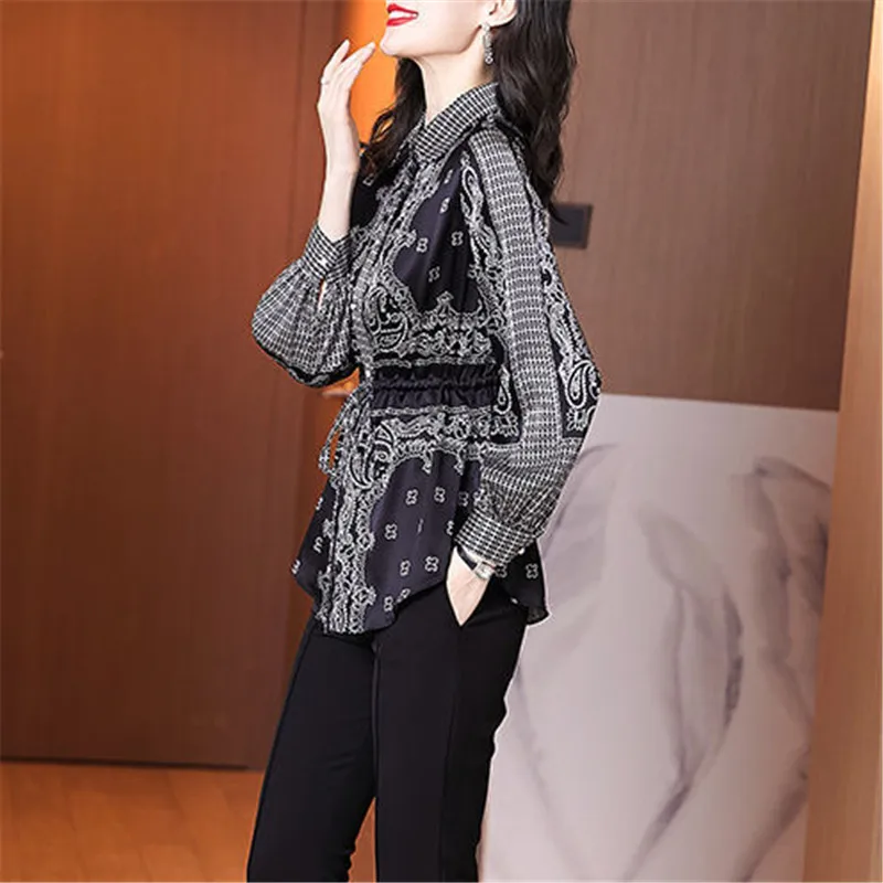 Black Vintage Shirts Women Spring Autumn Long Sleeve Floral Imitation Silk Blouses Fashion Print Tops Blusas MM1220