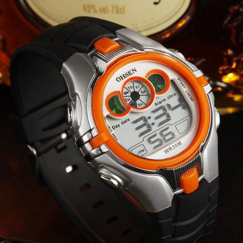 OHSEN – montre numérique pour enfants, chronomètre électronique de Sport, étanche 50M, horloge Orange LED, pour garçons et filles