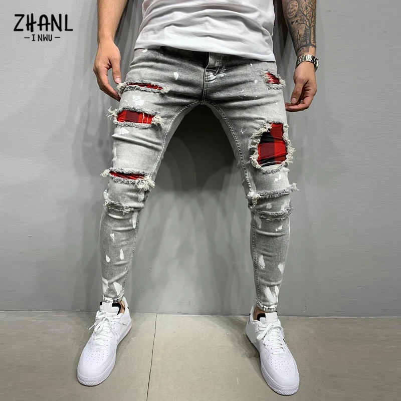 Fashion Men Ripped Skinny Stretch Patchwork Black jeans Grid Beggar Patches Slim Fit Denim Pencil Pants Painting Jogging Jean