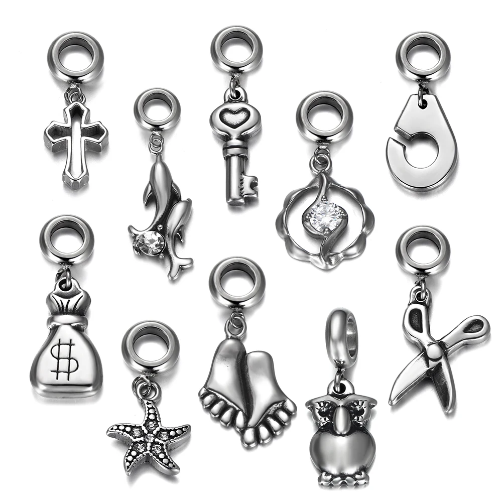 Stainless Steel 5.5mm Hole Animal Dangle Beads Spacer Slide Charms for Pando Chain Bracelets DIY Jewelry Making Accessories
