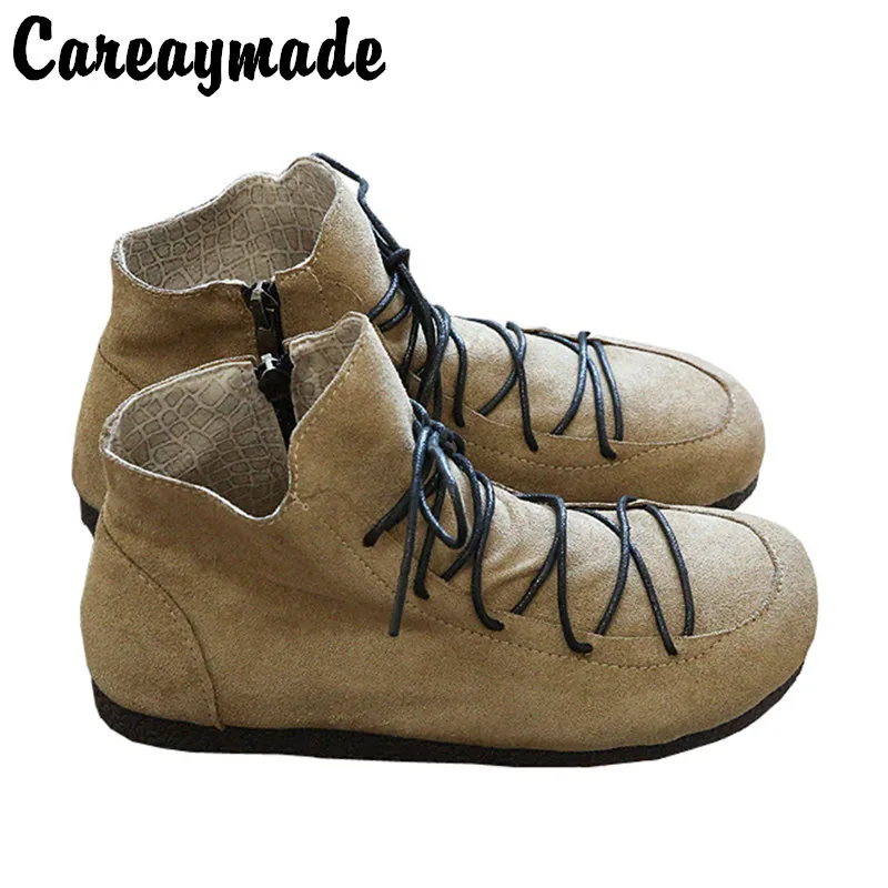 Careaymade-Women's art RETRO round head tie flat bottomed boots comfortable soft bottomed Casual Short side zipper Boots