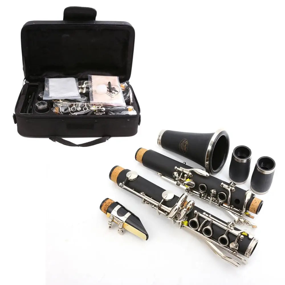 YInfente Professional Clarinet Ebonite Body Nickel Plated Bb Key 17 key Two Barrels