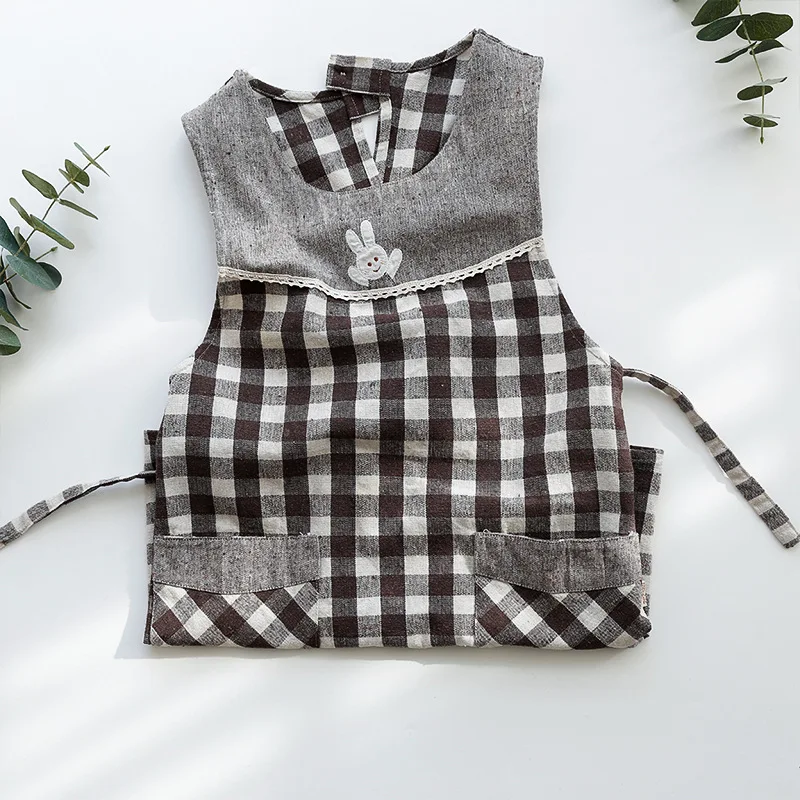 Japanese Plaid Apron Loose Cotton Linen with Pockets Home Daily Kitchen Restaurant Waiter Overalls