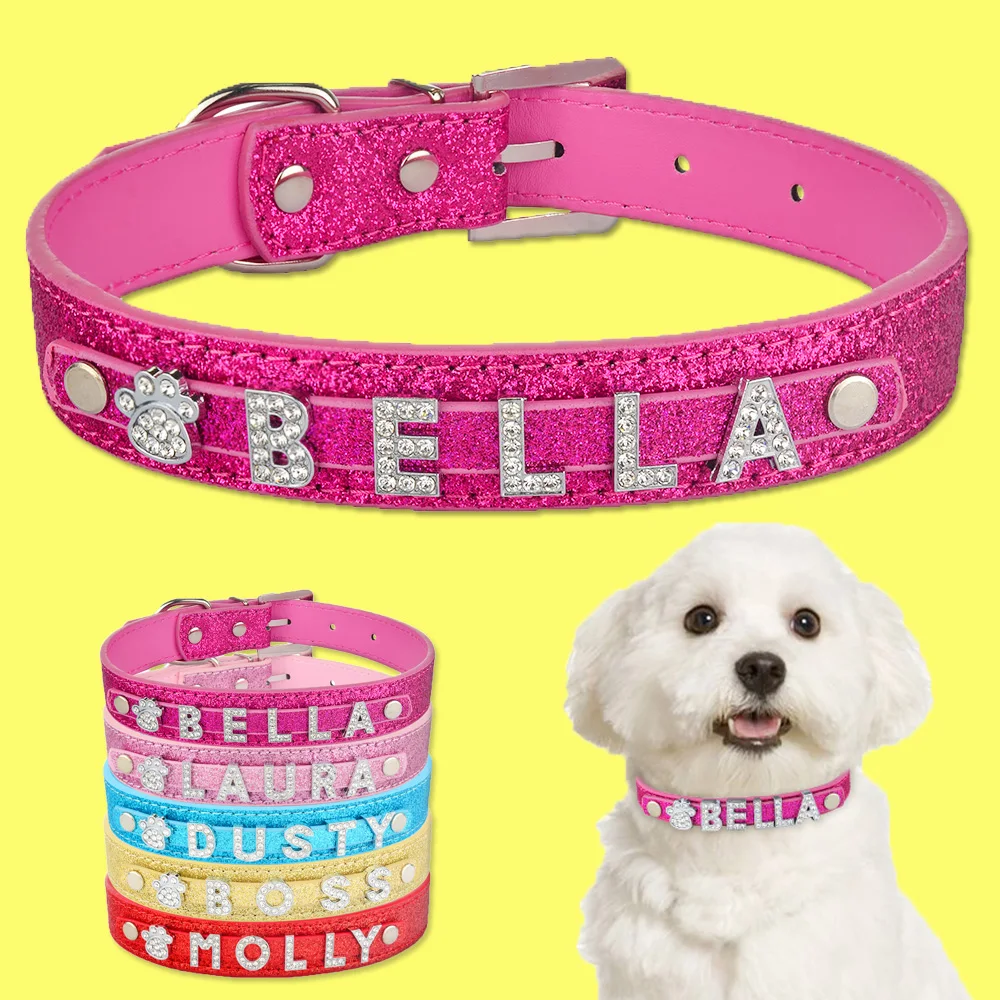 Free Customize Crystal letters Pet Dog Collars with Buckle Puppy Cat Necklace & Charms Personalized DIY Name Leather  Dog Collar