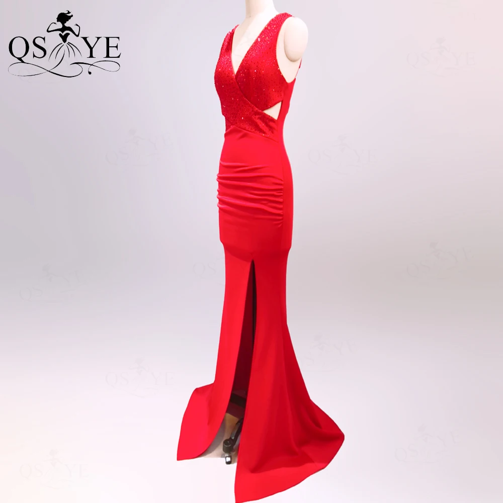 

Bright Red Evening Dresses Deep V Neck Mermaid Formal Gown Sequin Fit Sexy Split Party Dress Hollow Out Crisscross Evening Gown