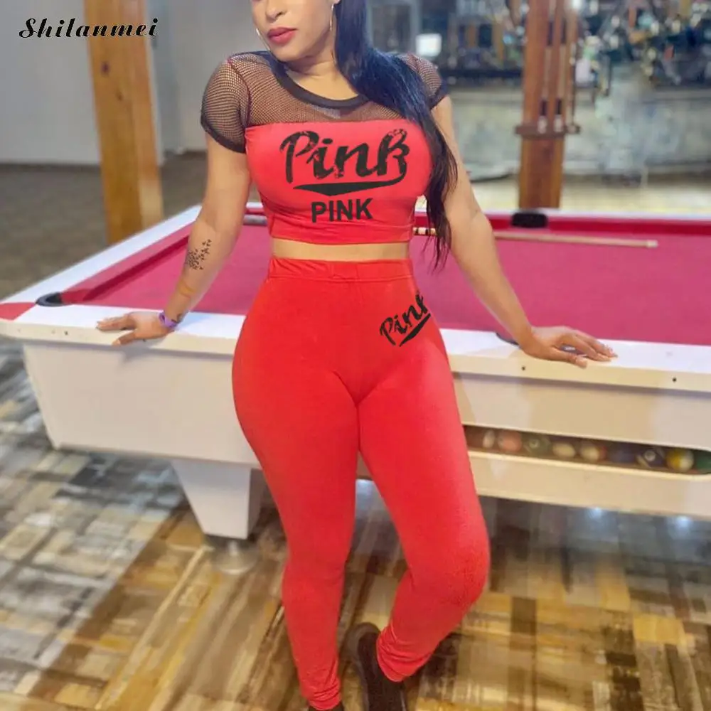 PINK Letter Print Sexy 2 Piece Set Women casual Outfits Mesh Hollow Crop Tops Bodycon Pants Set Ladies Tracksuit Matching Set