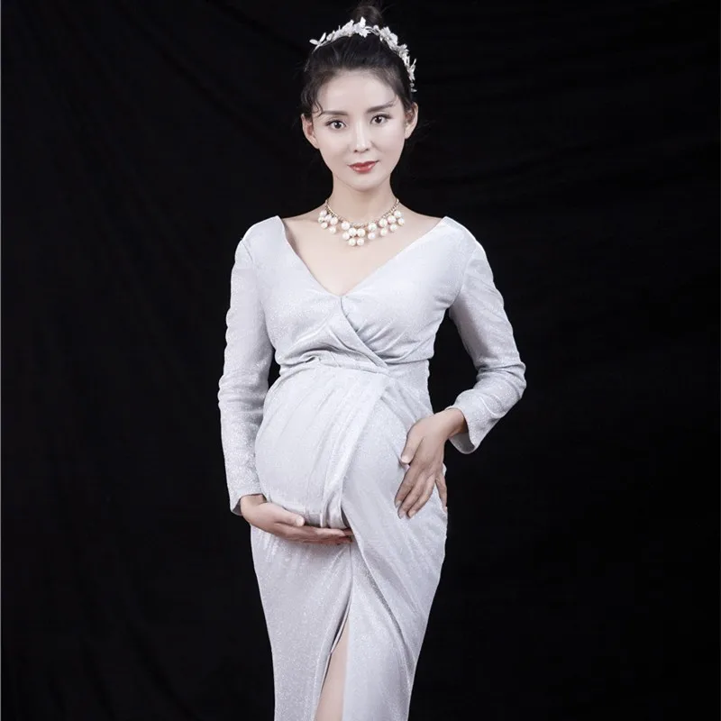 

Long Maternity Photography Dresses Silver Glitter V-neck Long Sleeve Dress For Pregnant Women Pregnancy Photo Shoot Clothes