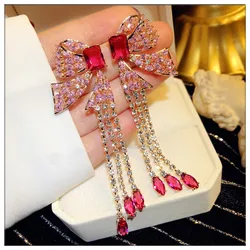 S925 Needles Drop Earrings For Women Vintage Pink Butterfly Tassels Long Cubic Zirconia Eardrop Temperament Fine Jewelry