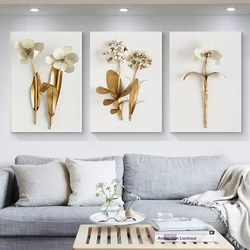 Nordic Golden Plant Leaves and Flowers Wall Art Pictures Canvas Painting Quadro Posters and Prints Cuadros for Living Room Decor