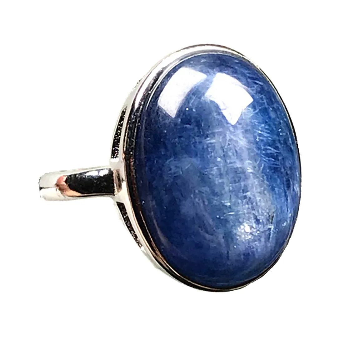 14mm Natural Blue Kyanite Crystal Ring For Woman Men Love Gift 925 Silver Sterling Cat Eye Beads Adjustable Ring Jewelry AAAAA