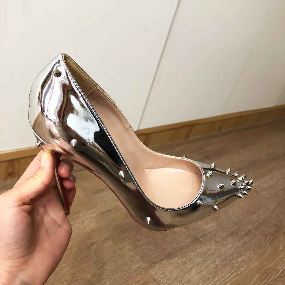 Veowalk Glossy Mirror Silver Women Partial Spikes Pointed Toe Sexy Stiletto Pumps Sparkly High Heel Party Shoes 8cm 10cm 12cm