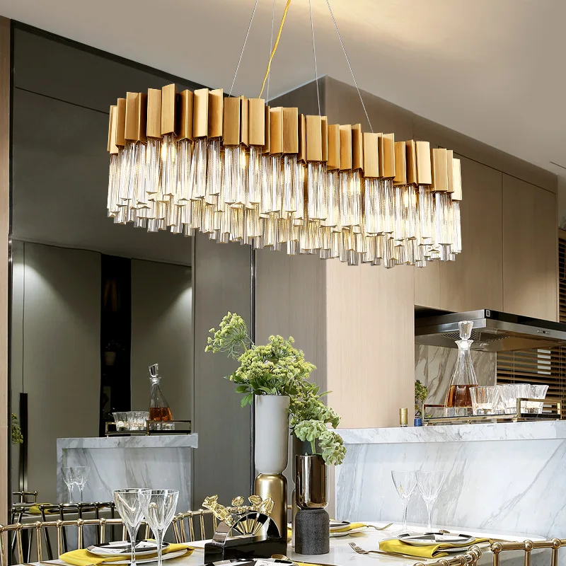 Modern Crystal Chandelier Dining Room Luxury Kitchen Island Lighting Fixture Rectangle Brushed Gold Hanging Lamps