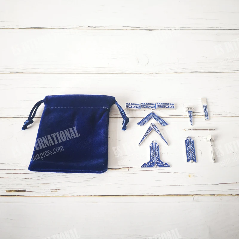 Set of 9 different Blue Masonic Working Tools Badge with velvet Bag Mason Freemason Miniature Freemason Gifts