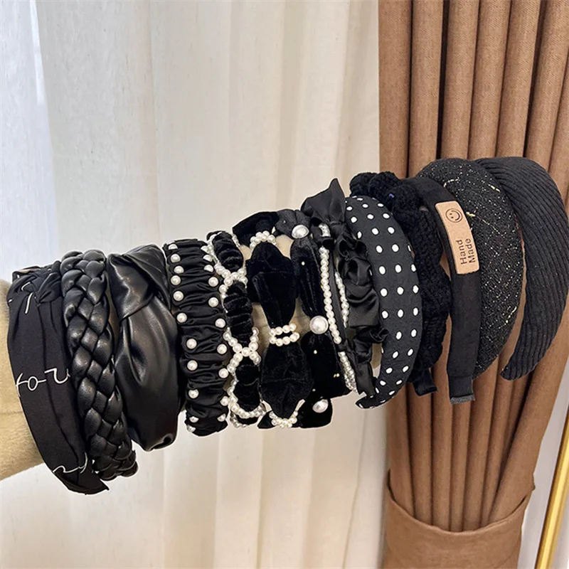 Winter Solid Velvet Bezel Women Girl Broadside Hair Bands  Pearl Cross Headband Hair Hoop Fashion Black Leather Braided Hairband