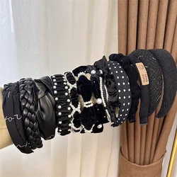 Winter Solide Samt Lünette Frauen Mädchen Breitseite Haar Bands Perle Kreuz Stirnband Haar Hoop Mode Schwarz Leder Haarband Geflochten