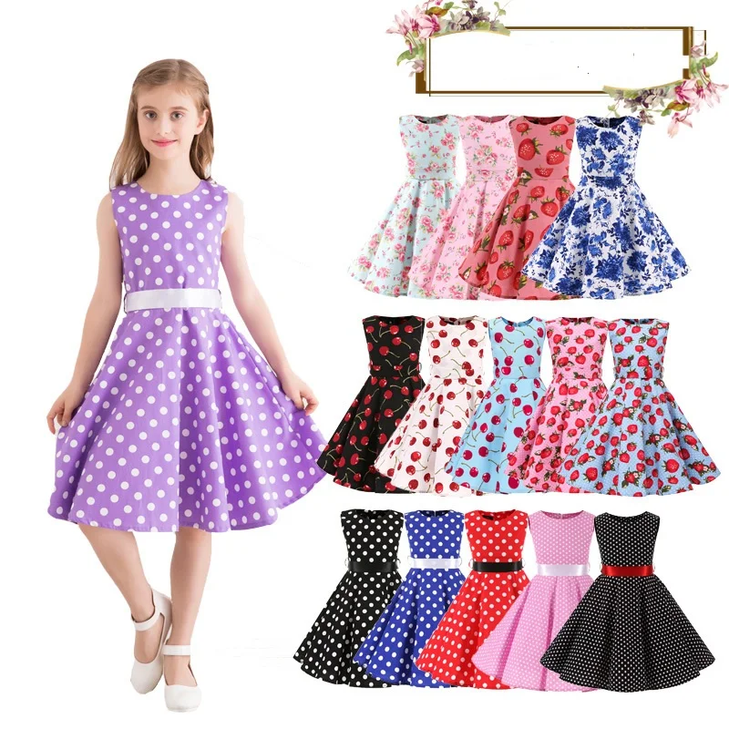 Polka Dot Vintage Kids 1950s Swing Dress Flower Floral Midi Dress Bawełniana letnia sukienka Baby Girl