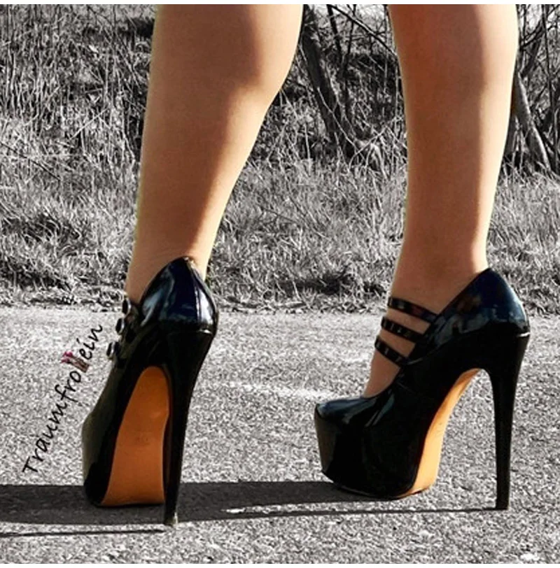 Onlymaker Women Mary Jane Platform Pumps Ankle Strap Stiletto 16cm Thin High Heels Dress Buckle Black Pink Big Size Party Shoes