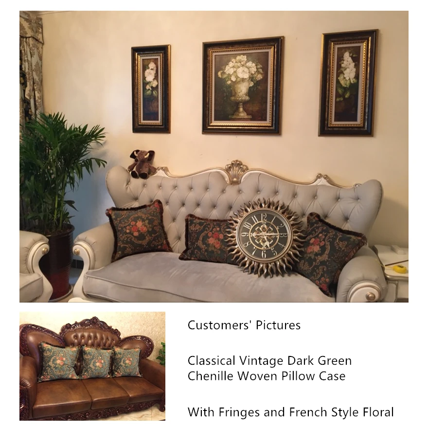 Deluxe Vintage French Rose Dark Green Traditional Floral Chenille Decorative Home Cushion Cover Style Throw Pillow Case 45x45 Cm