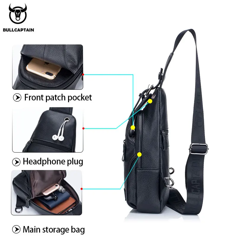 BULLCAPTAIN MEN\'s Chest Bag Casual Messenger Bags Genuine Leather Male Crossbody Bages Multifunctional Mobile Phone Zipper Bag\'s